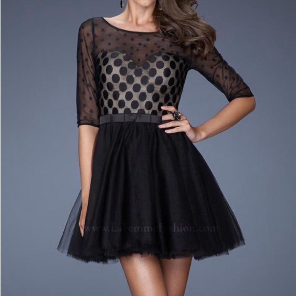La Femme Black Sheer Polka Dot Mini Dress
